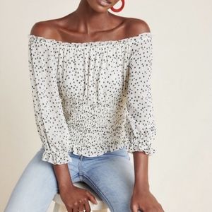 Anthropologie Smocked Off-Shoulder Polka Dot Blouse